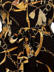  Chain Print V Neck Belted Dress