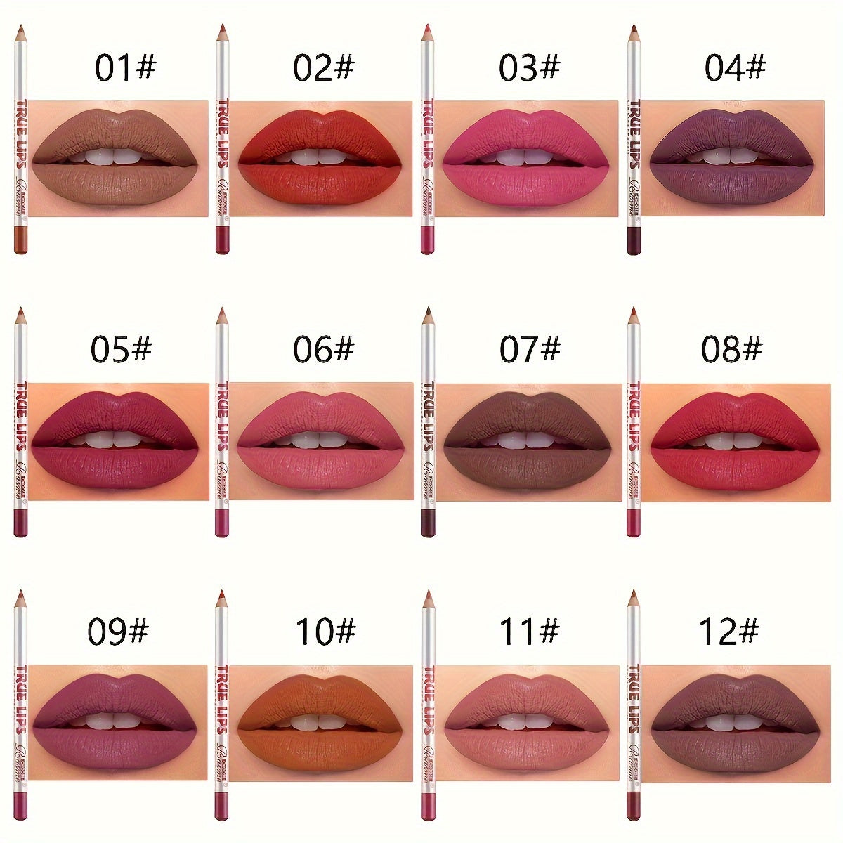 12 Piece True Lips Lip Liner Pencil Set Matte Waterproof Assorted Colors