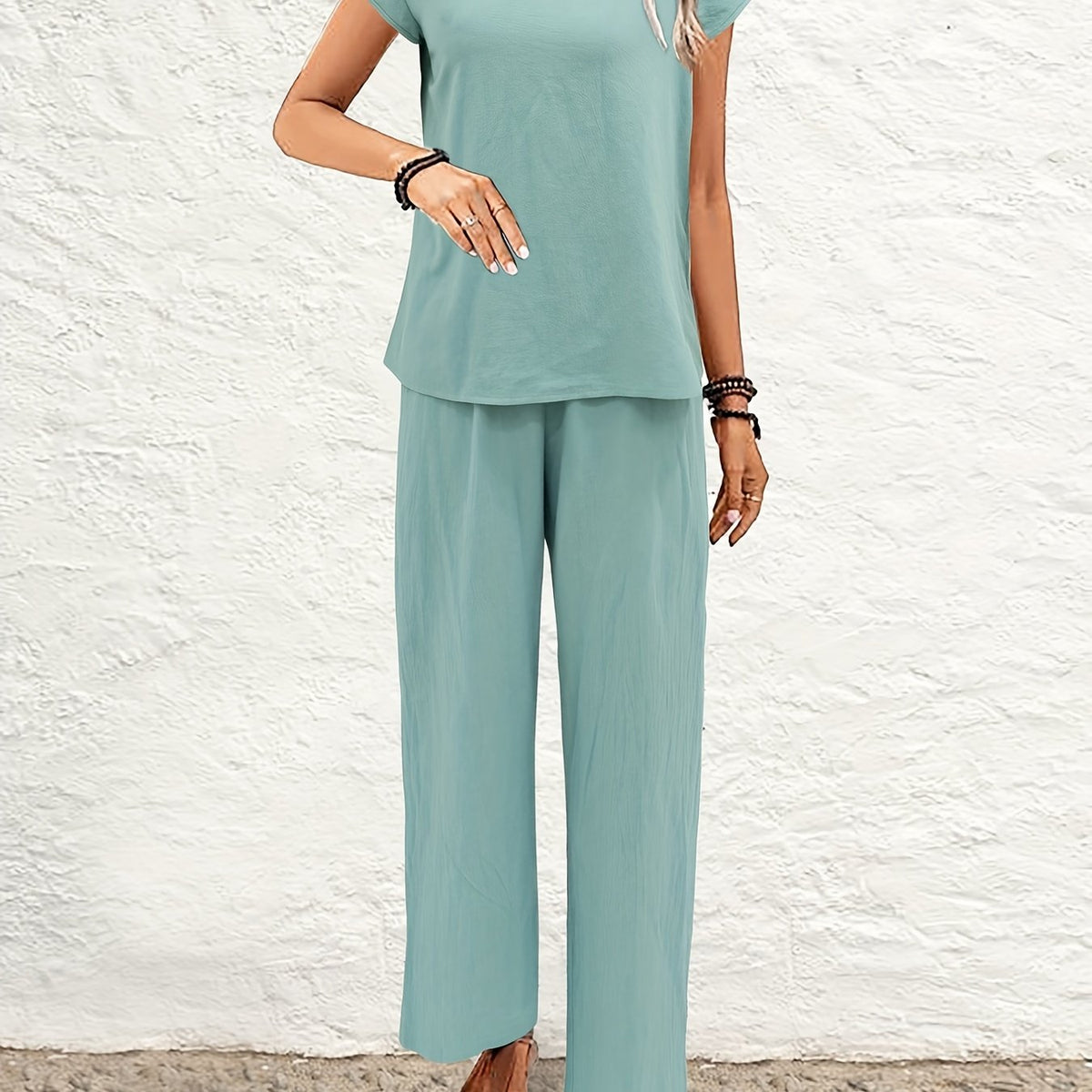 Solid Casual Two Piece Set Crew Neck Short Sleeve Tops & Elastic Waist Wide Leg