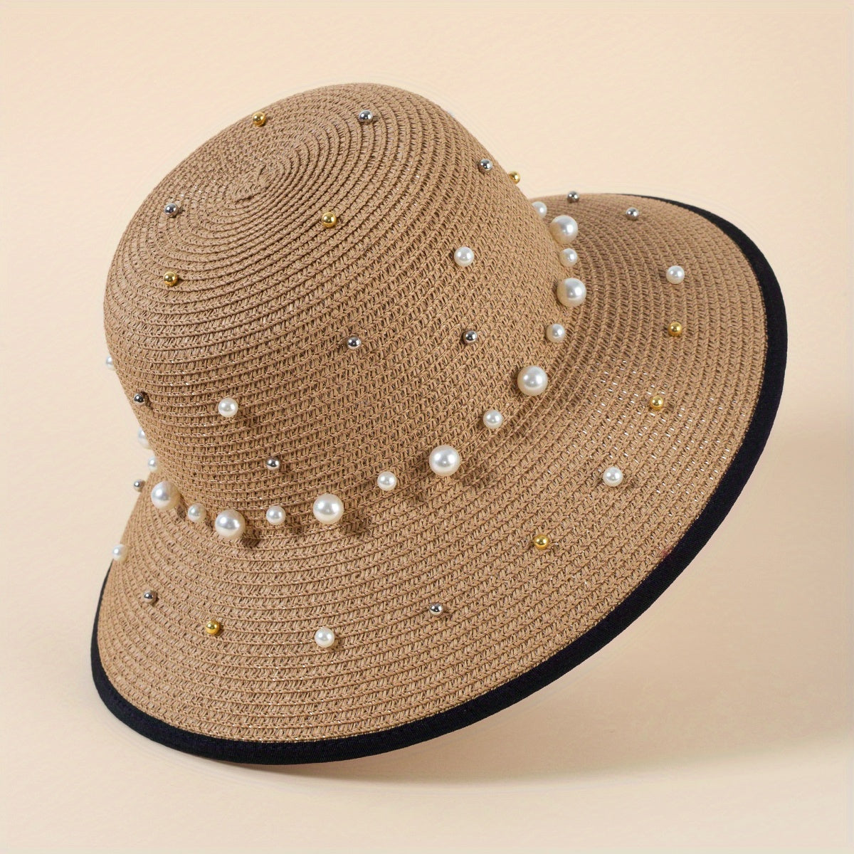 Faux Pearl Decor Sun Hat Wide Brim Straw Hat Foldable Summer Travel Beach Hats