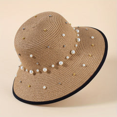 Faux Pearl Decor Sun Hat Wide Brim Straw Hat Foldable Summer Travel Beach Hats