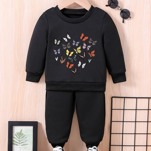 Kids Butterfly Graphic Outfit Baby Trousers Sweatshirt Set