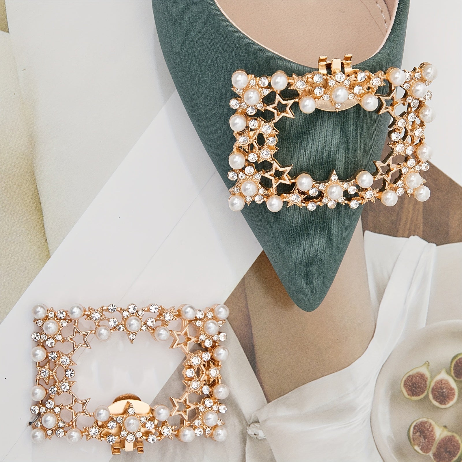 2pcs Faux Pearl Square Shoe Clips Detachable Shoe Buckles For High Heels