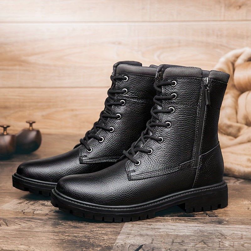 Men's Lace Up Service Boots with Side Zipper Casual Leather Walking Shoes