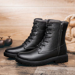 Men's Lace Up Service Boots with Side Zipper Casual Leather Walking Shoes