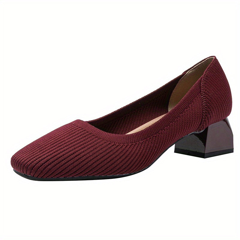 Women's Knitted Block Low Heels Square Toe Slip On Shoes