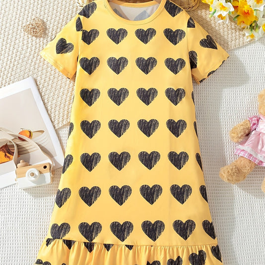 Girls Heart Print PJ Nightdress Short Sleeve Yellow Dress