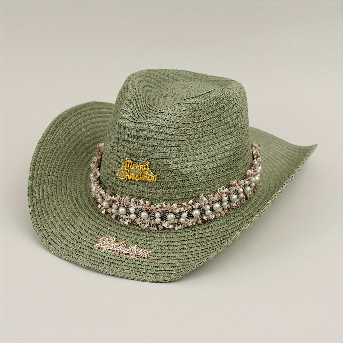 Rhinestone Bride Cowboy Hat Faux Pearl Lace Hatband Decor Straw Jazz Hat