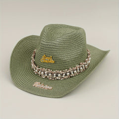 Rhinestone Bride Cowboy Hat Faux Pearl Lace Hatband Decor Straw Jazz Hat