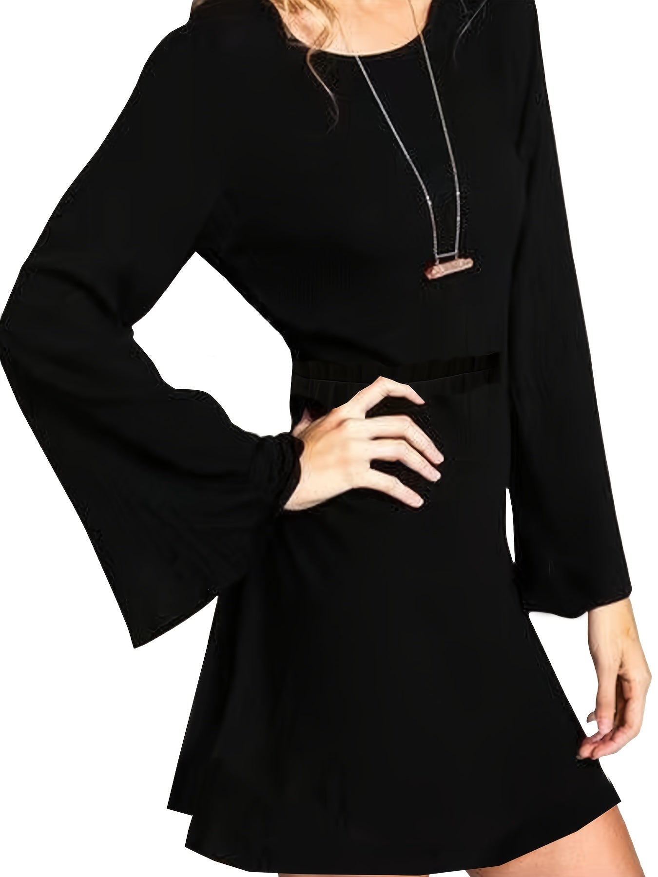 Dress Women's Solid Bell Sleeve Round Neck Frill Trim Dress