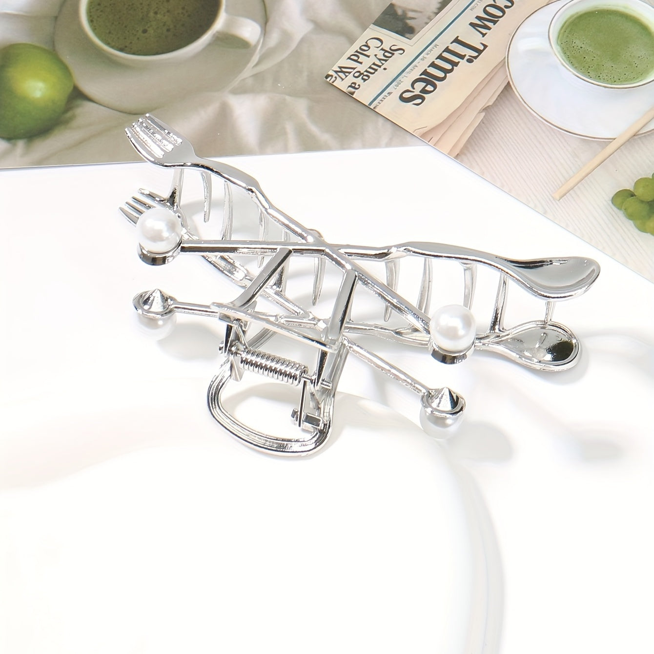 Creative Fork Spoon Shape Hair Claw with Faux Pearl Inlay