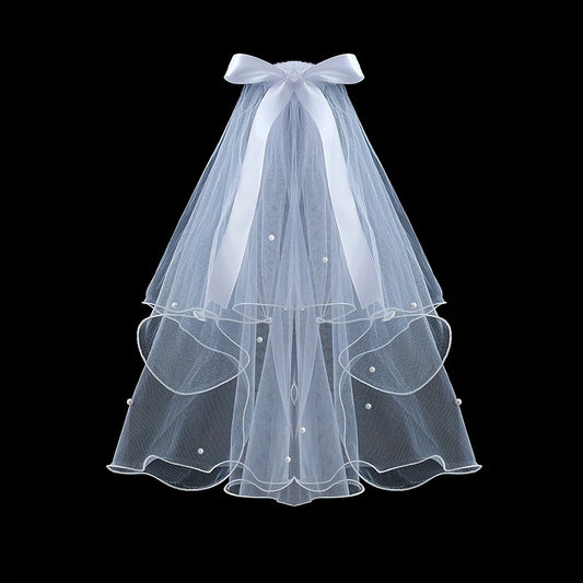 2 Tiers Faux Pearl Ribbon Bow Veil With Comb Wedding Headdress