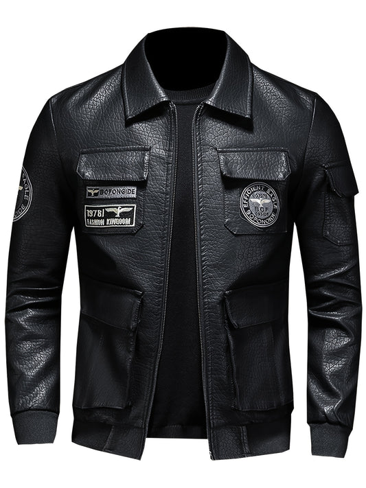 Embroidery Pocket PU Jacket Men's Casual Zip Up Faux Leather Jacket