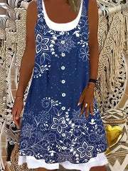  Floral Print Tank Dress Colorblock Round Neck Casual Stretch