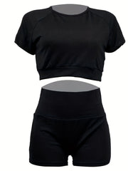 Sporty Solid Two piece Set Short Sleeve Crop Top & Skinny Shorts