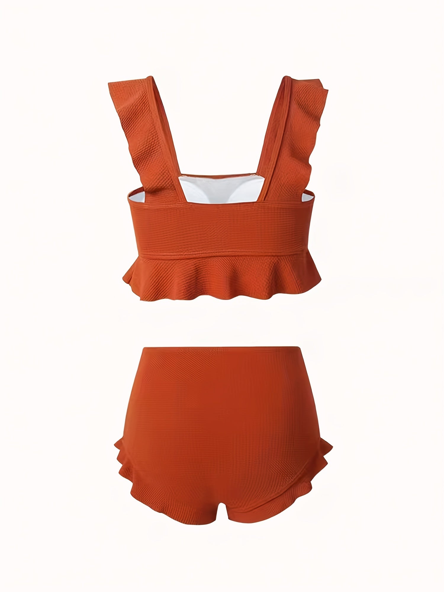 Ruffle Trim High Waist Bikini Solid 2 Piece Swimsuit