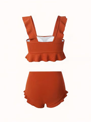 Ruffle Trim High Waist Bikini Solid 2 Piece Swimsuit