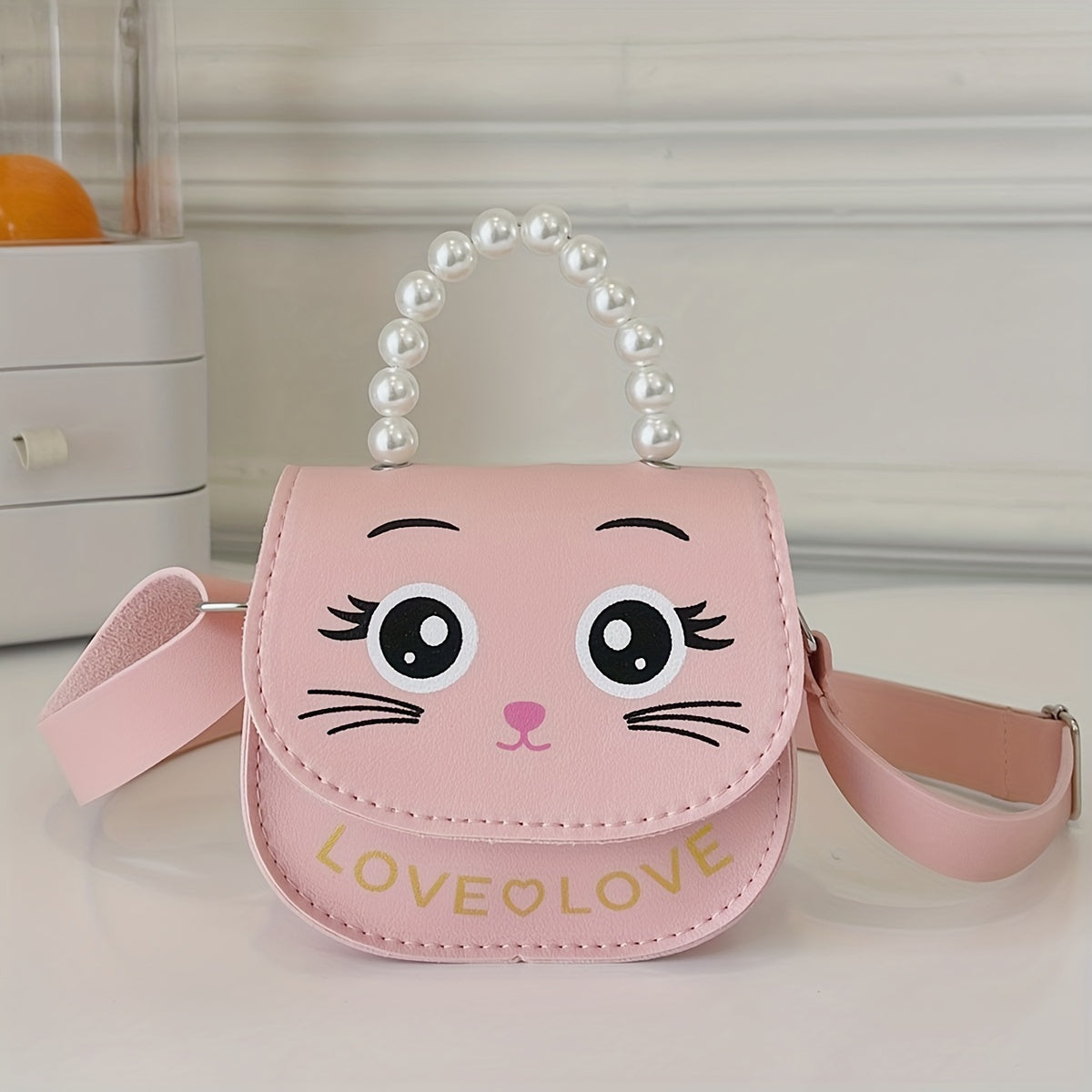 Girls Cat Shoulder Bag With Pearl Handle Strap Sweet Handbag Crossbody Bag