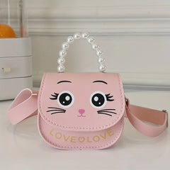 Girls Cat Shoulder Bag With Pearl Handle Strap Sweet Handbag Crossbody Bag