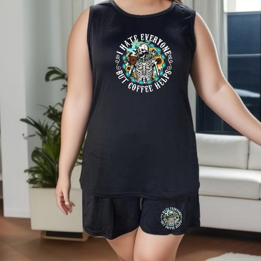  Halloween Sunflower Skull Print Tank Top & Shorts Set