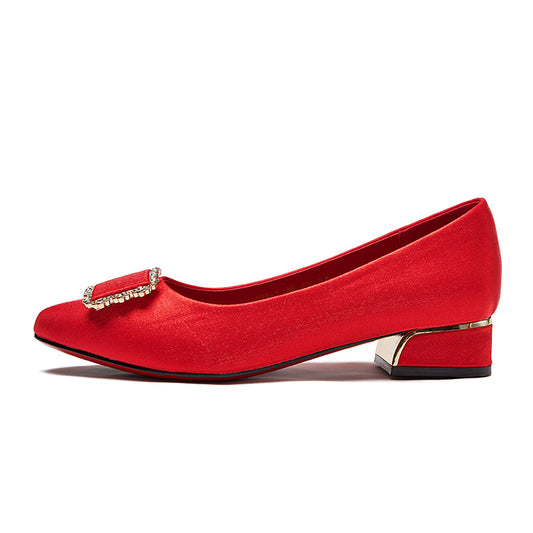 Women's Red Wedding Shoes Rhinestone Low Heels Slip On
