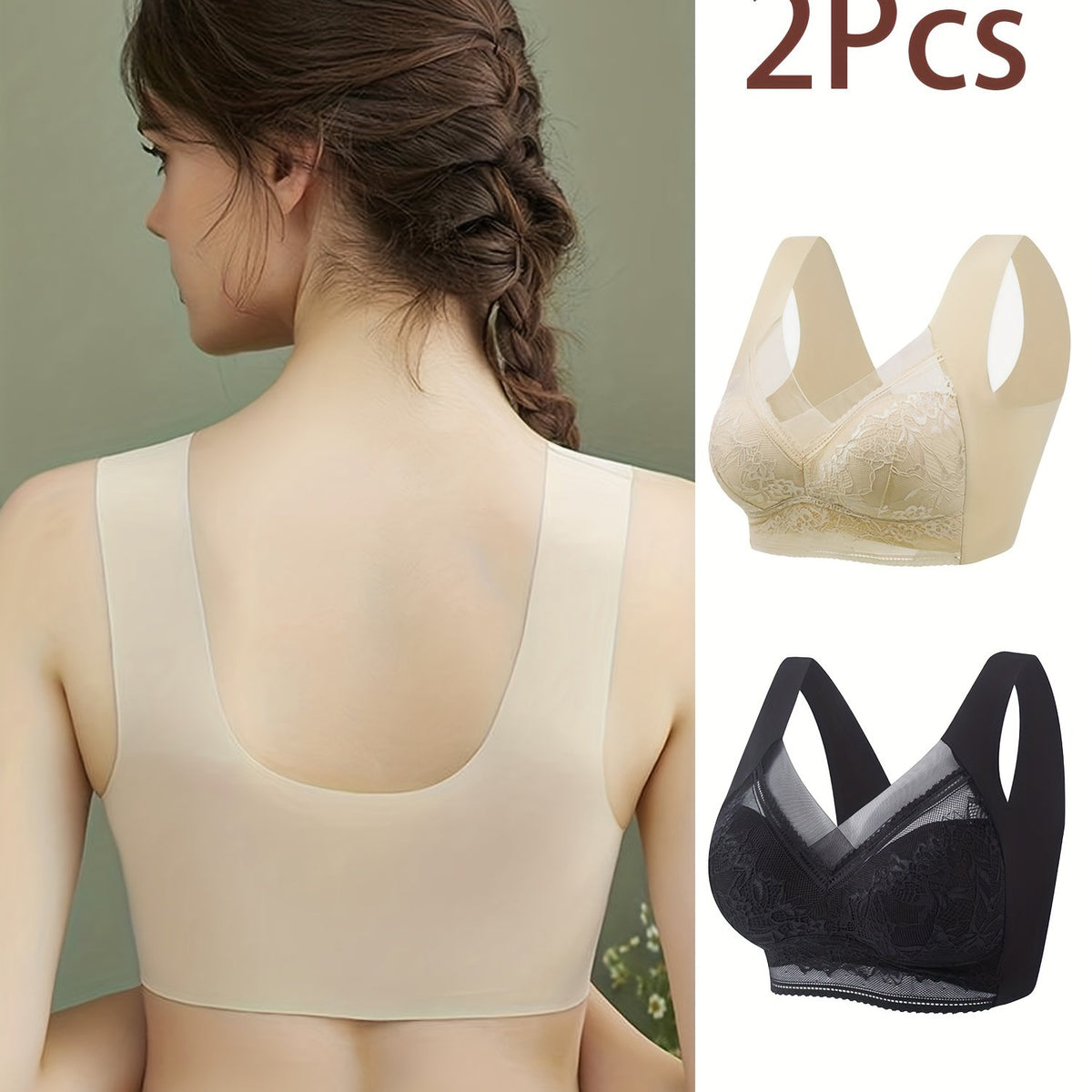 2pcs Lace Wireless Bras Comfortable Full Coverage Women's Lingerie