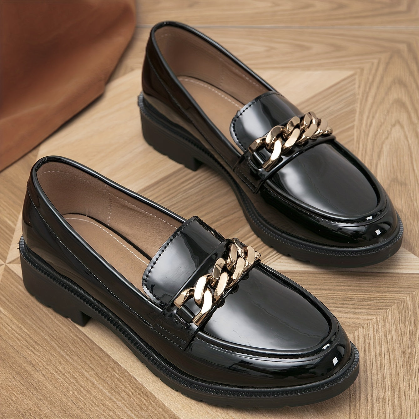 Women's Metallic Chain Decor Loafers Slip On Low Round Toe Non slip Patent Leath