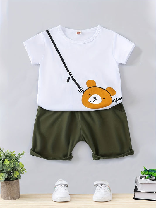 Boys Bear Casual Outfit Round Neck T shirt & Shorts Summer Clothes Sets