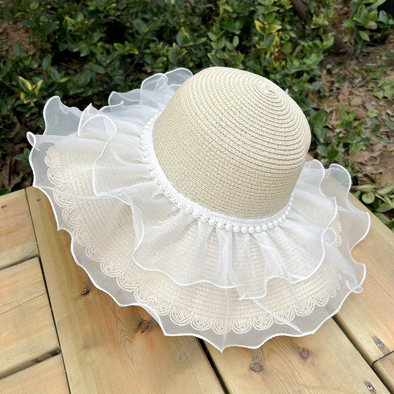 Ruffles Wide Brim Sun Hat Lace Straw Floppy Hat