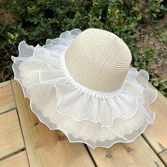 Ruffles Wide Brim Sun Hat Lace Straw Floppy Hat