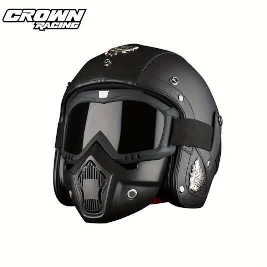 Crown Racing Retro Motorcycle Safety Men's Open Helmet with Mask