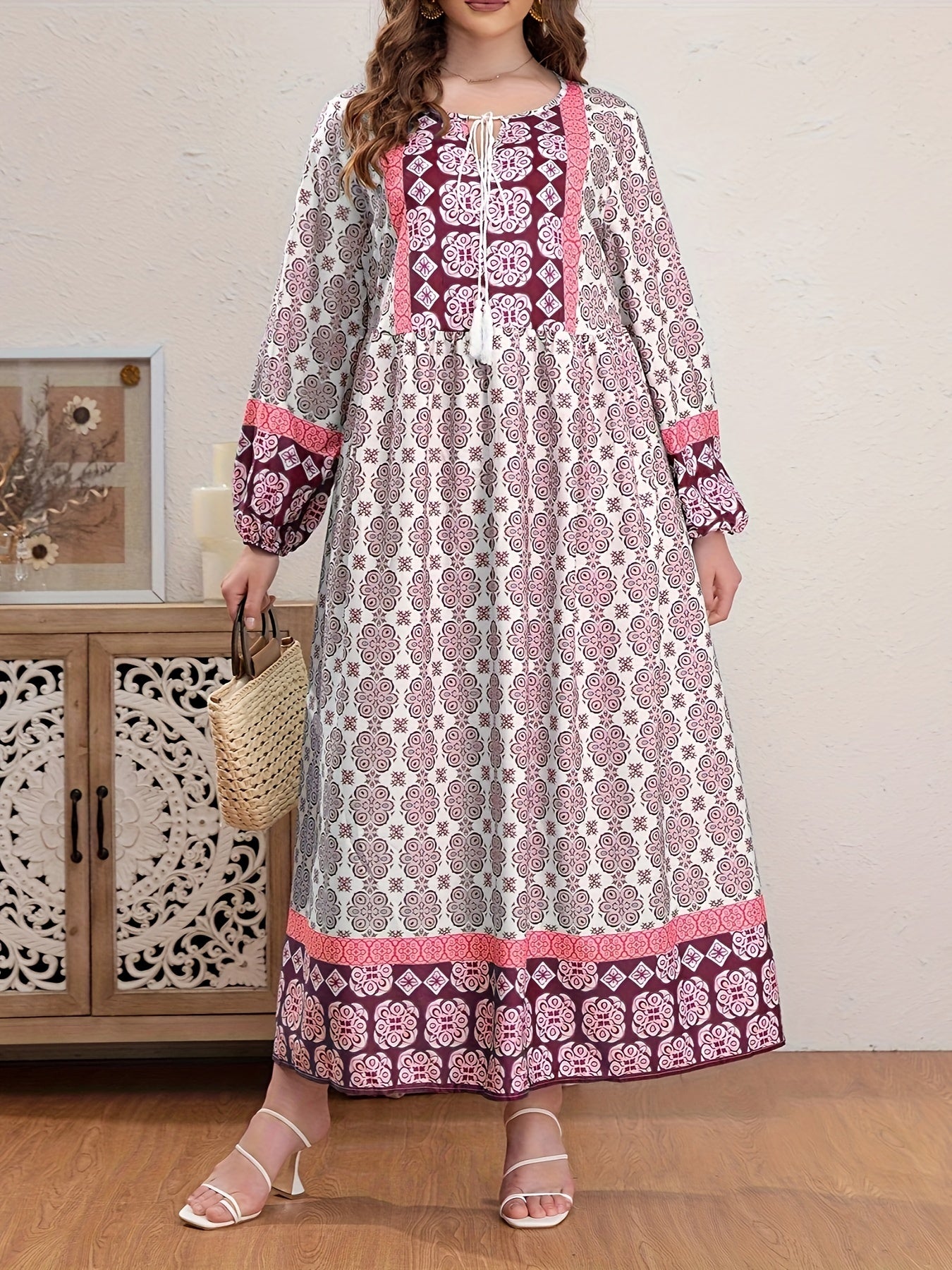  Boho Abaya Dress Women's Plus Allover Print Tassel Tie Neck