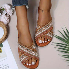 Women's Tribal Style Flat Slippers Open Toe with Faux Pearl Sequin Decor