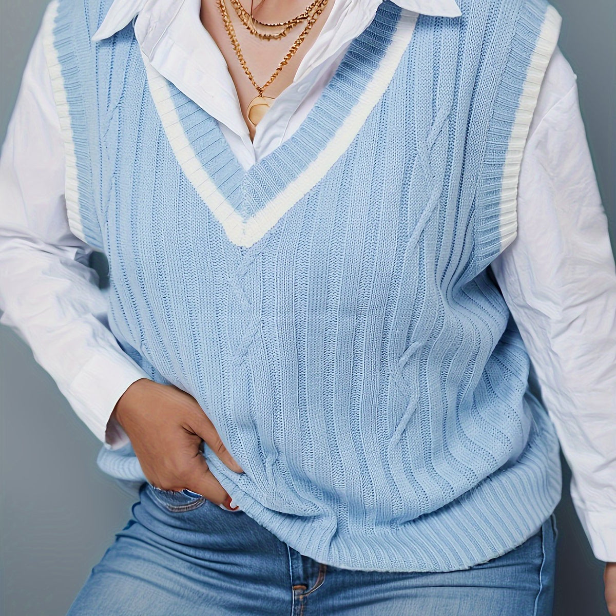  Preppy Sweater Vest Women's Plus Striped V Neck Knit