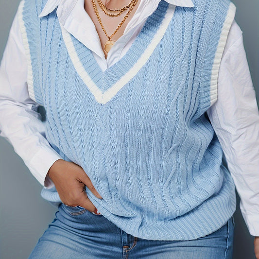  Preppy Sweater Vest Women's Plus Striped V Neck Knit