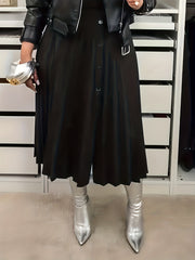  Solid Button Pleated Stretch Skirt