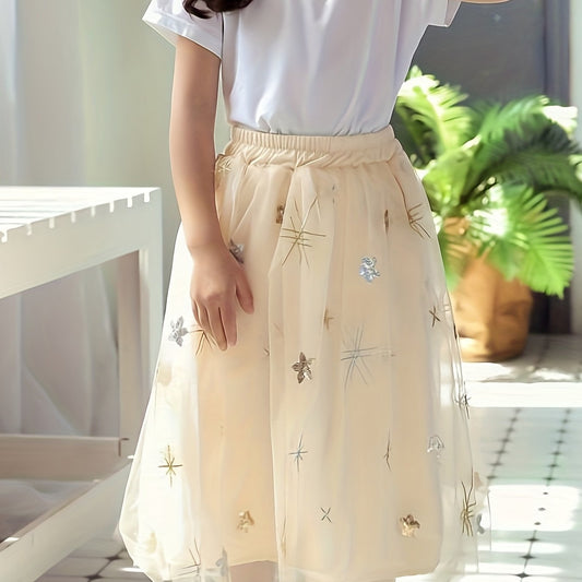 Girls Star Decor Tulle Skirt High Waist Mesh Layered Maxi Skirt