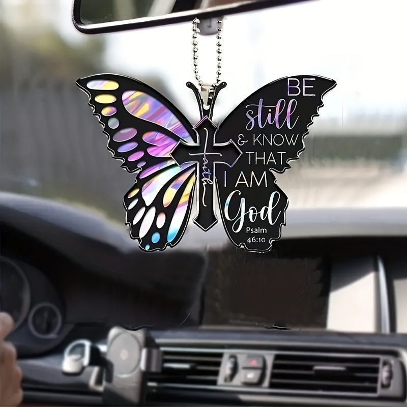 Purple Butterfly Cross Rearview Mirror Pendant Keychain Couple Gift