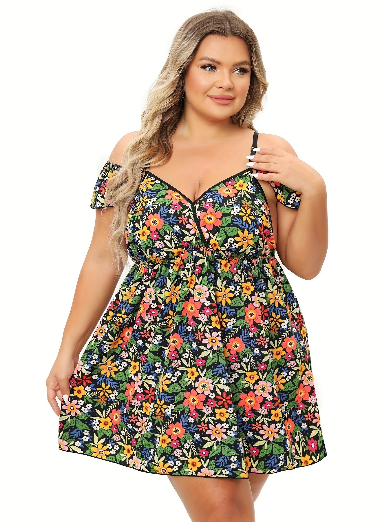  Floral Print Cold Shoulder Ruffle Trim Cami Dress