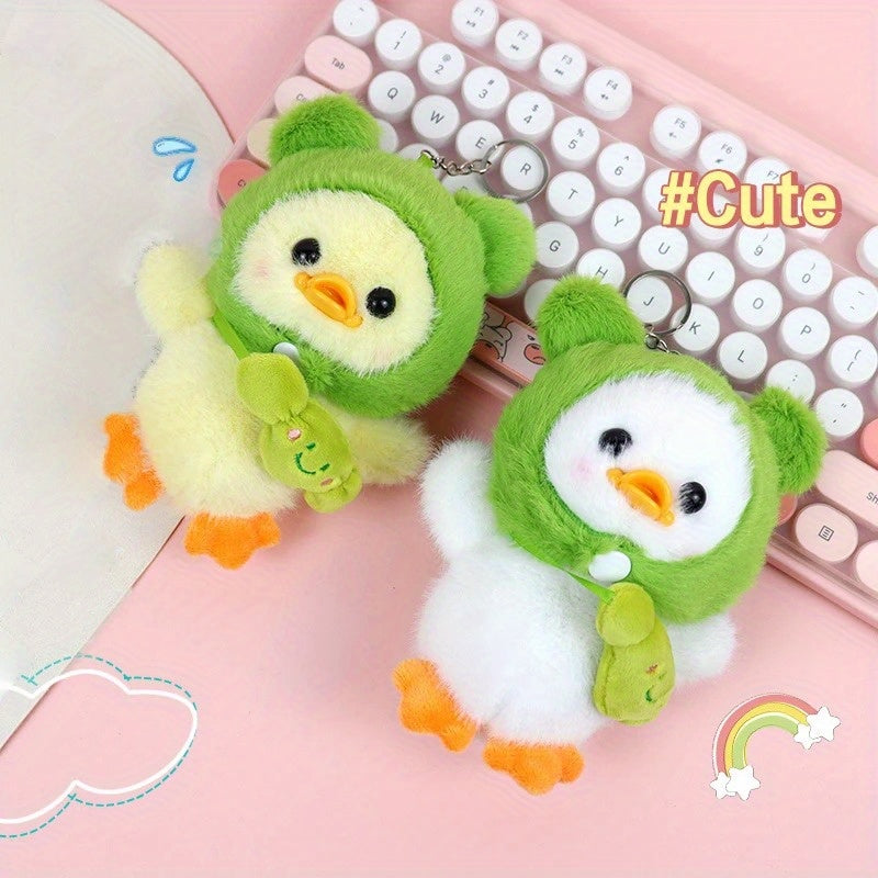 2pcs Plush Duckling Keychains Soft Stuffed Toys Green Hoods Orange Feet Beaks