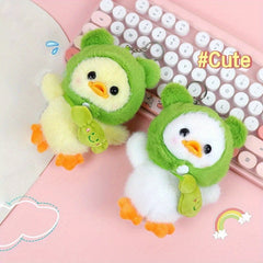 2pcs Plush Duckling Keychains Soft Stuffed Toys Green Hoods Orange Feet Beaks