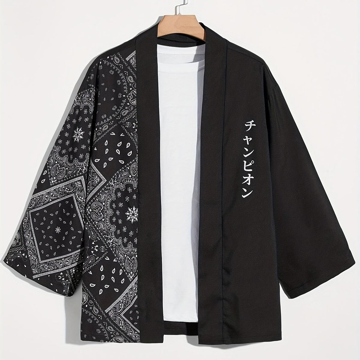 Men's Paisley & Japanese Letter Print Kimono Style Shirt