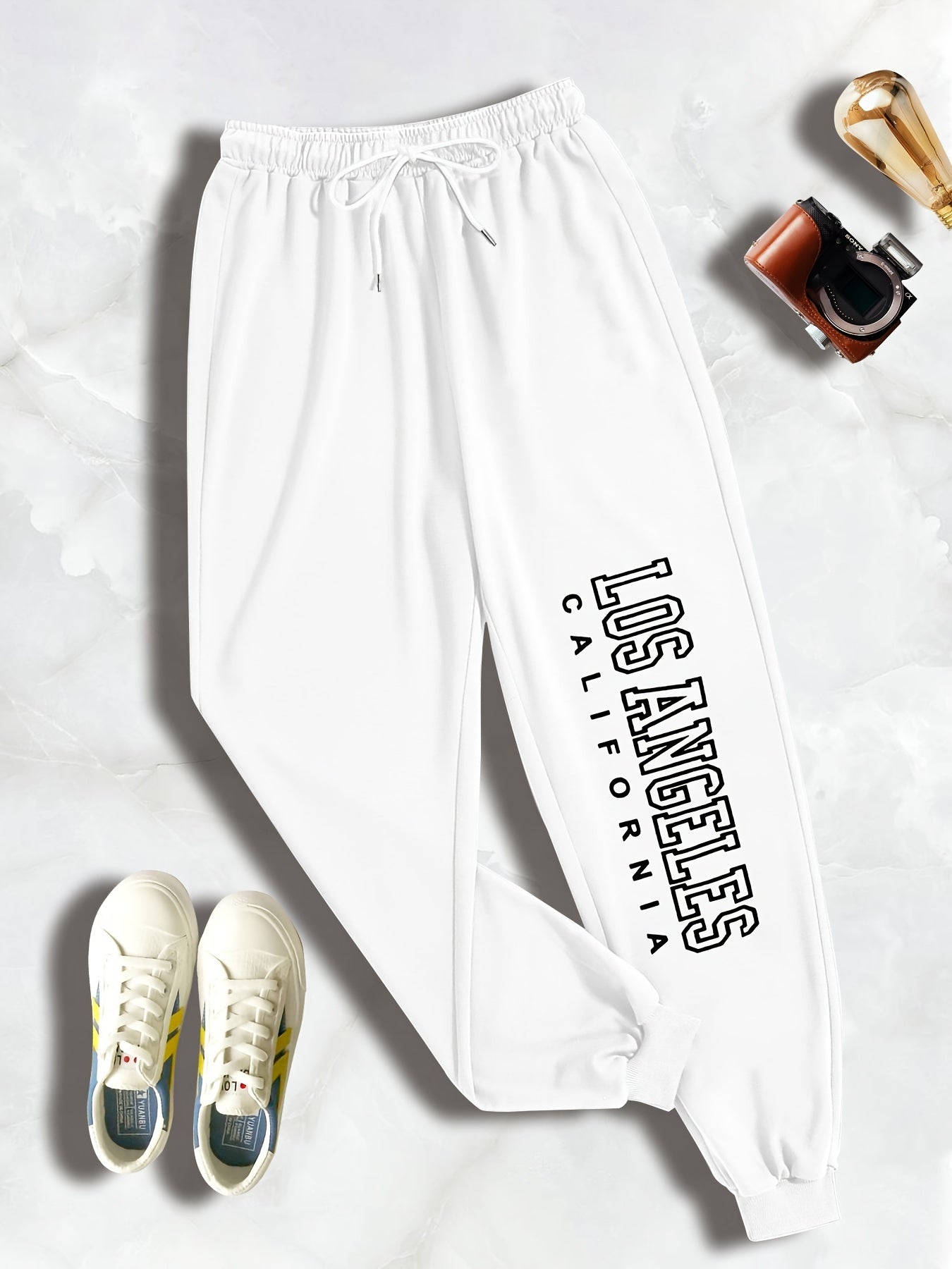  Letter Print Drawstring Sweatpants Women's Plus Slight Stretch