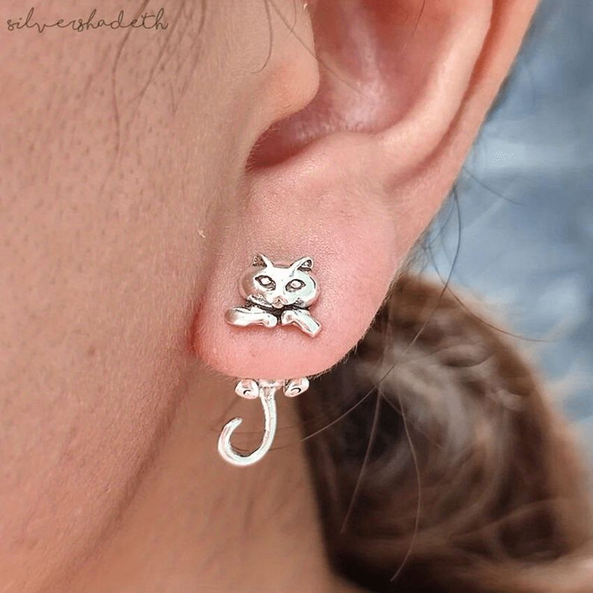 Retro Silvery Men's Earrings Kitten Earrings Animal Jewelry