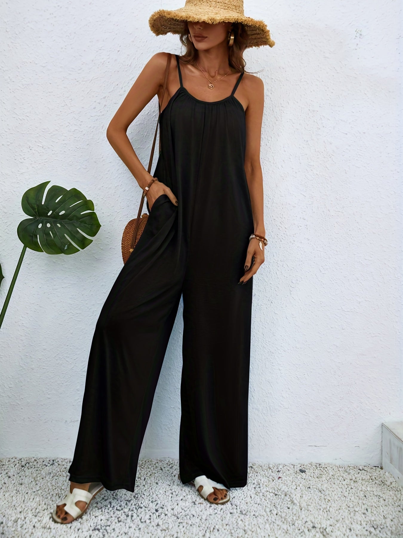 Boho Ink Print Jumpsuit Spaghetti Wide Leg Women's Clothing