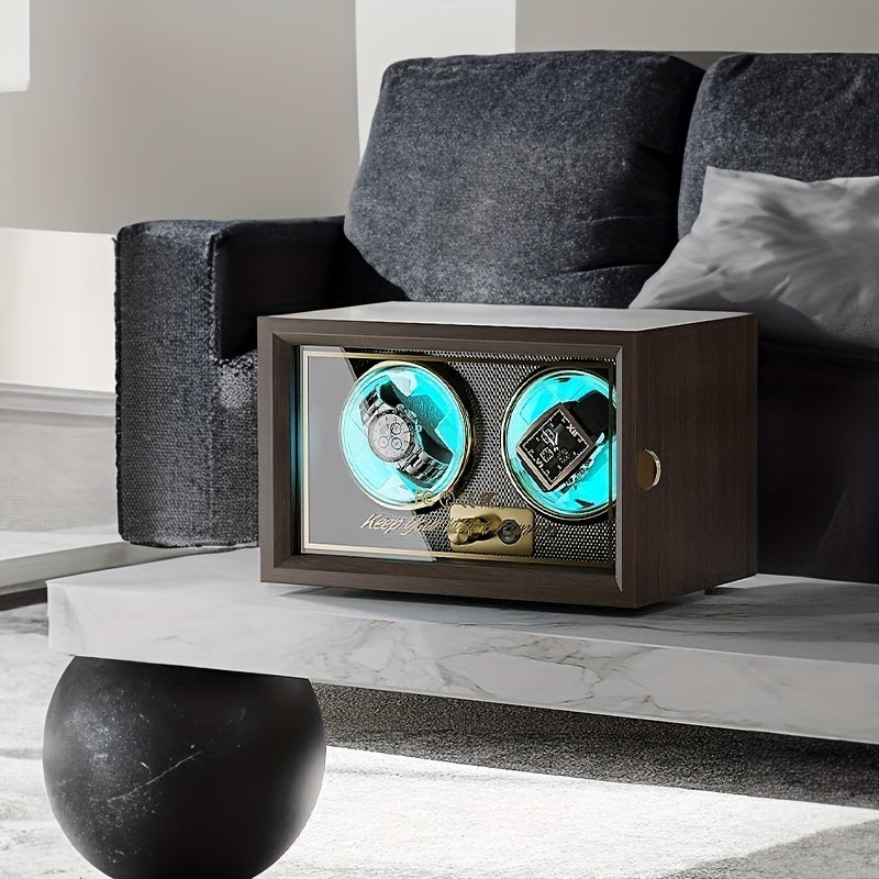 Wood Grain Lithium Watch Winders, 2 Slots, LED Light