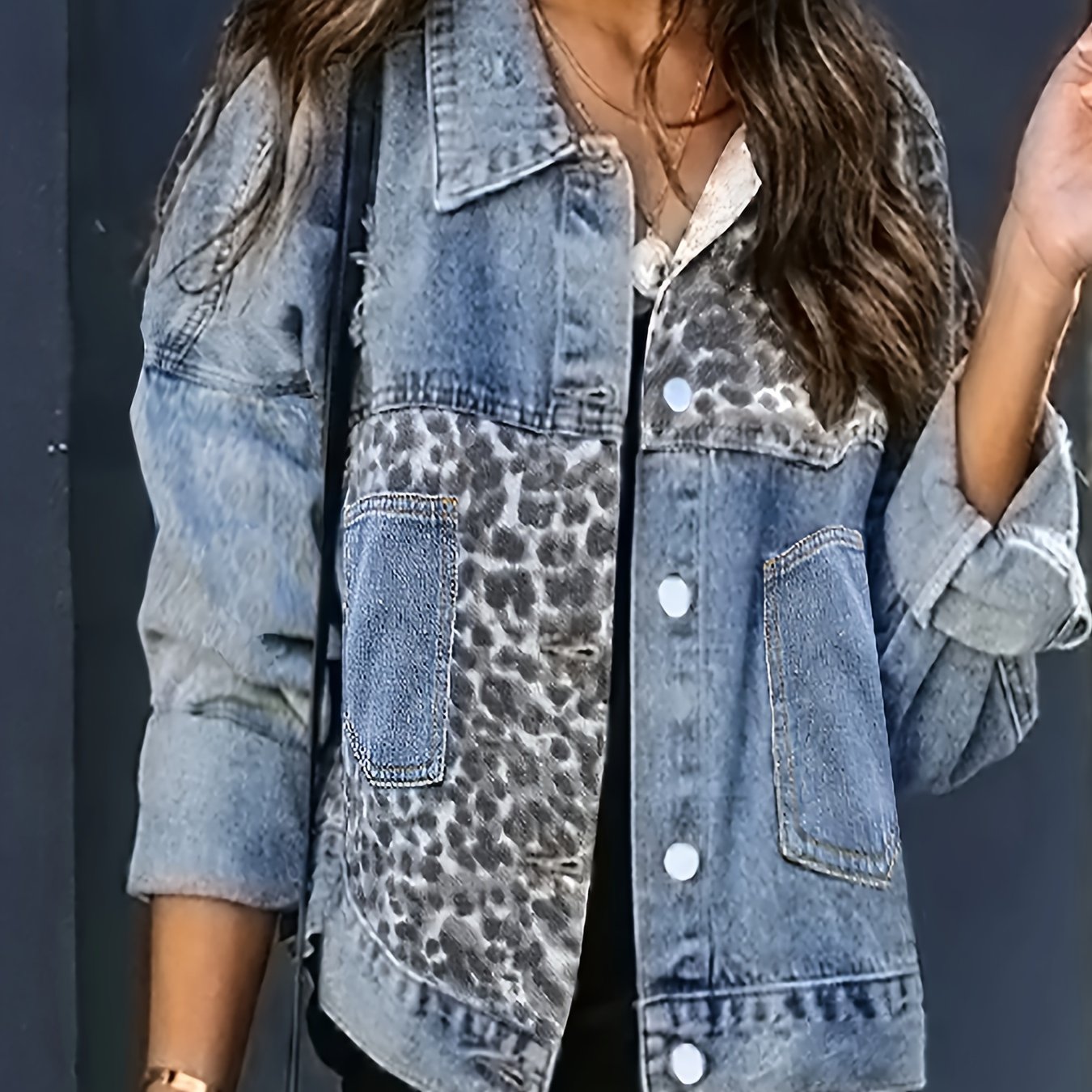  Colorblock Leopard Print Denim Jacket