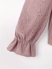  Eyelet Embroidery Flounce Sleeve Peplum Top