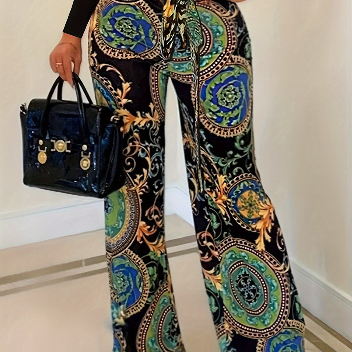  Boho Baroque Print Wide Leg Trousers With Belt