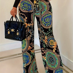  Boho Baroque Print Wide Leg Trousers With Belt
